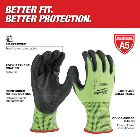 3 Pair X-Large High Vis Level 5 Cut Resistant Polyurethane Dipped Work Gloves