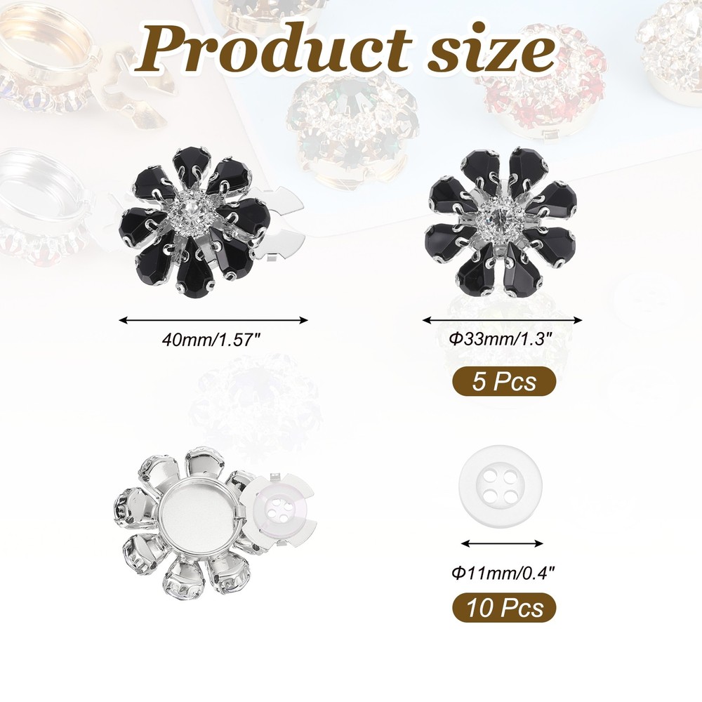 5 Pcs Rhinestone Button Covers, Water Drop Buttons, Black/Silver