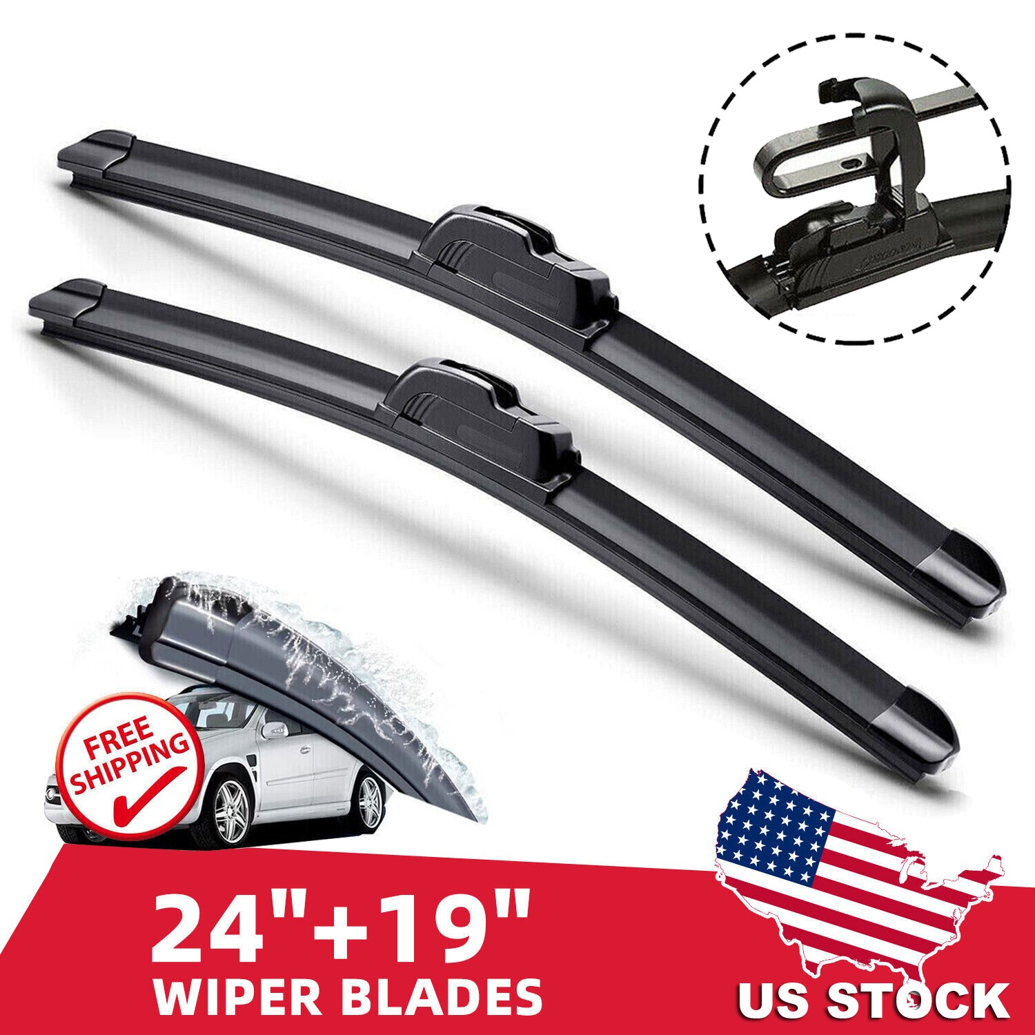 24" + 19" OEM Quality Bracketless Windshield Wiper Blades J-Hook Pair All Season