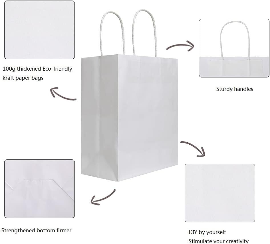 Paper Shopping Bags 500 White Kraft 8"x4.75x10.5" Retail Merchandise Handles