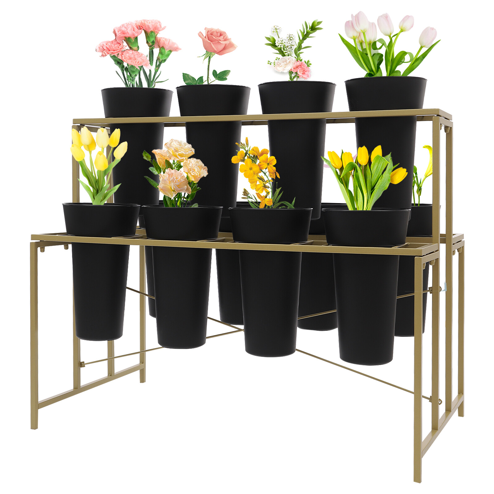 Flower Display Stand with 12 Pcs Buckets, 3 Tier Metal Stand, Indoor & Outdoor