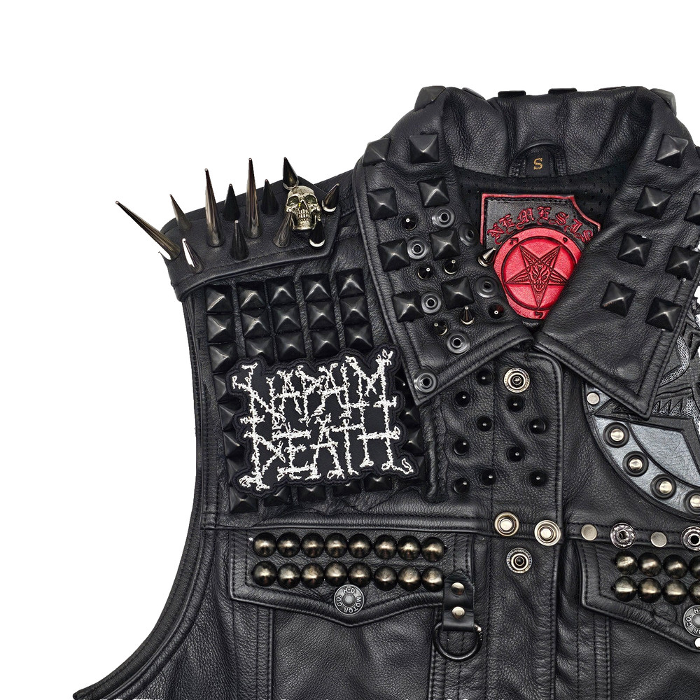 NAPALM DEATH LOGO WHITE (shaped border) EMBROIDERED PATCH