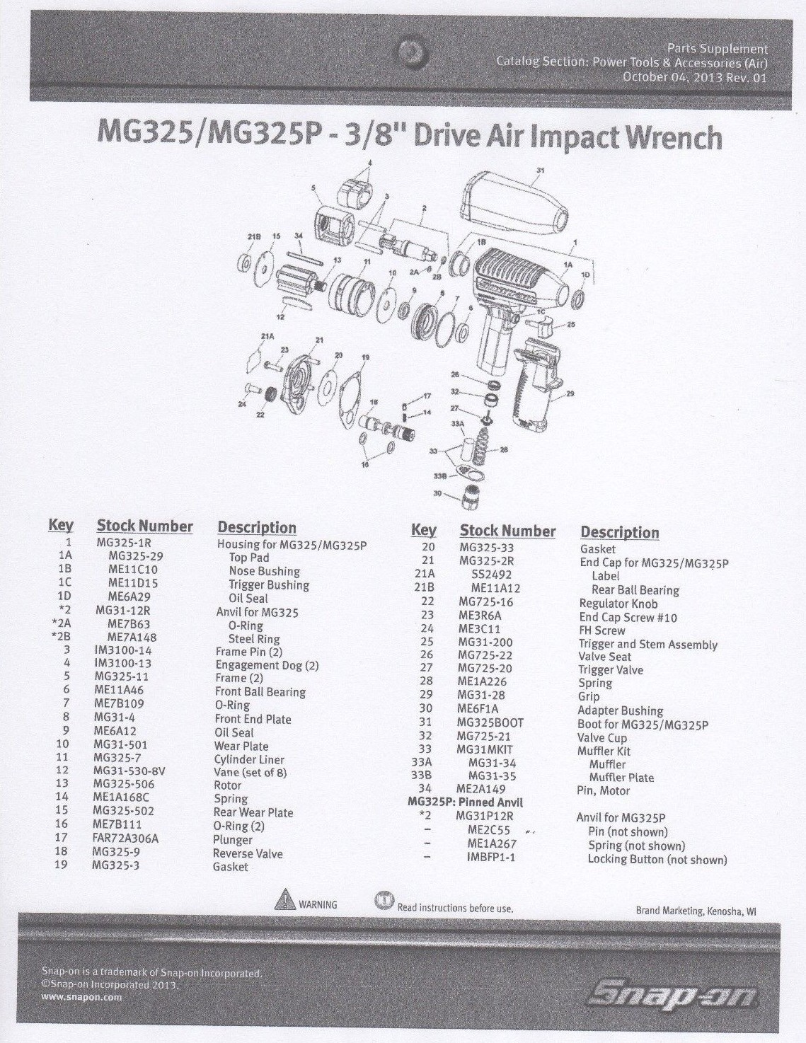 SNAP ON MG325 TUNE UP KIT WITH BEARINGS FITS 3/8" DRIVE MODELS DOES NOT FIT MG31