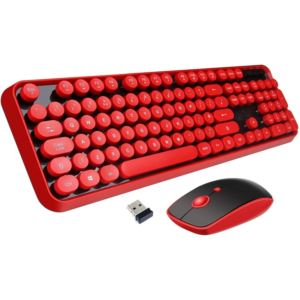 Chic Red Wireless Keyboard & Mouse Combo - Retro Typewriter with Bubble Caps