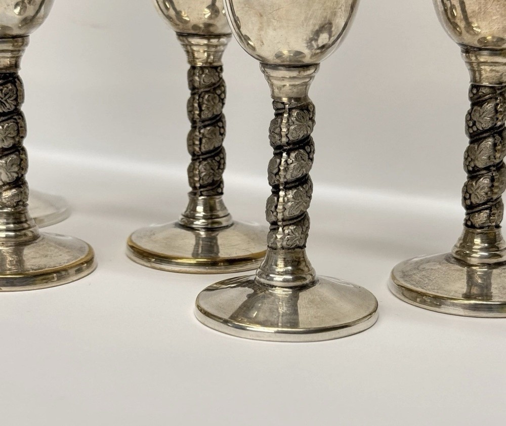 6 Silver Plate 4” GOBLETS Grapevine Stem Stamped: MADE IN SPAIN Visiuc, S. L.