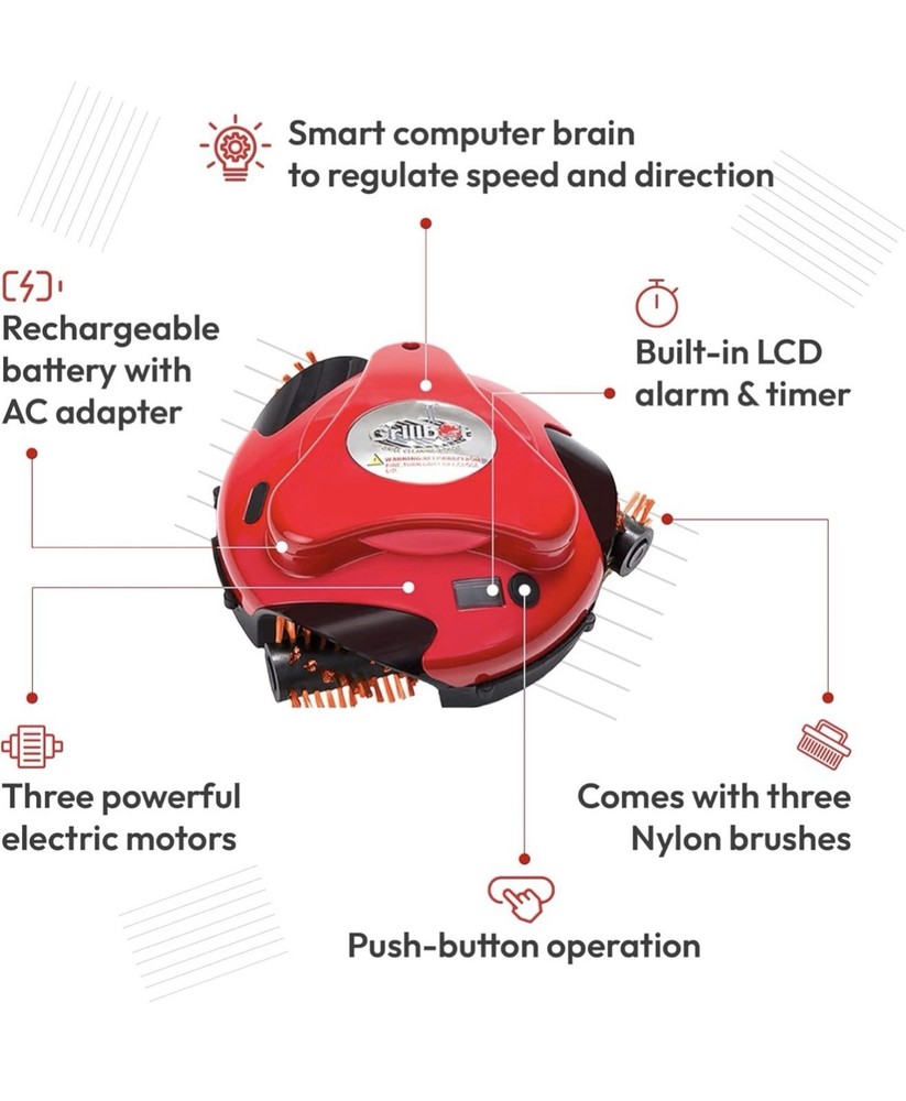 Grillbot Automatic Grill Cleaning Robot Red Rechargeable LCD Timer