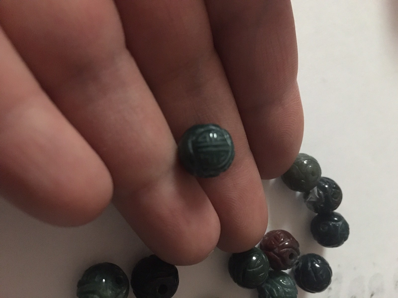 One Vintage Carved Chinese Bead Green Bloodstone Stone Round w/ Shou Design 10mm