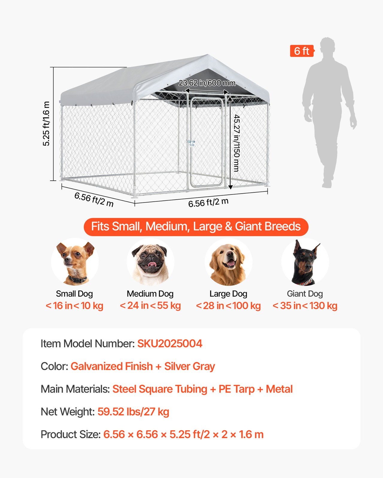VEVOR Large Outdoor Dog Kennel with Lock & Cover 6.56x6.56x5.25 ft Heavy Duty