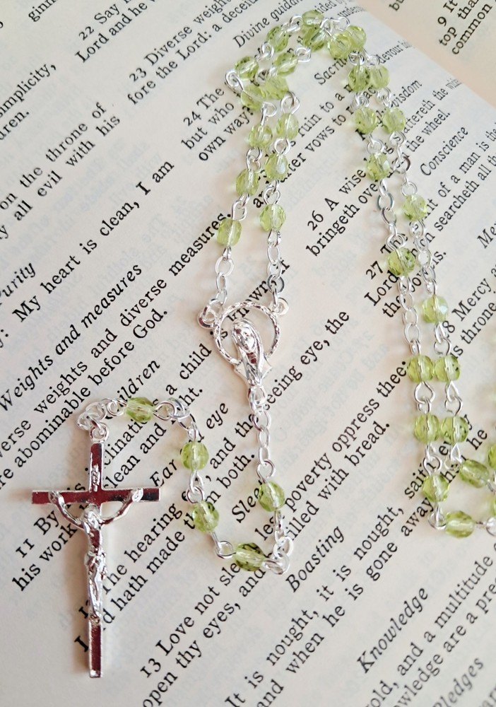 Mini Light Green Czech Glass Rosary in Silver