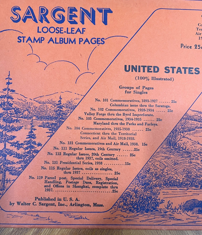 VINTAGE SARGENT LOOSE LEAF STAMP ALBUM PAGES #104 US COMMEMORATIVES, 1935-38+