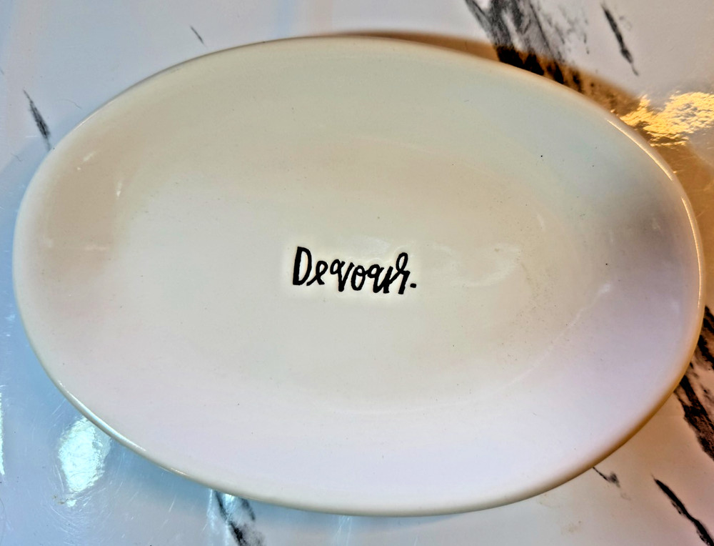 Rae Dunn 3 pc Serving Set. Dip/Dunk dip bowl. Plates: Devour & More Please