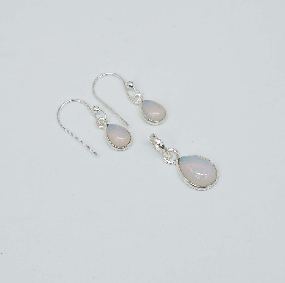 925 Solid Sterling Silver Milky Opalite Hook Earring Pendant Set