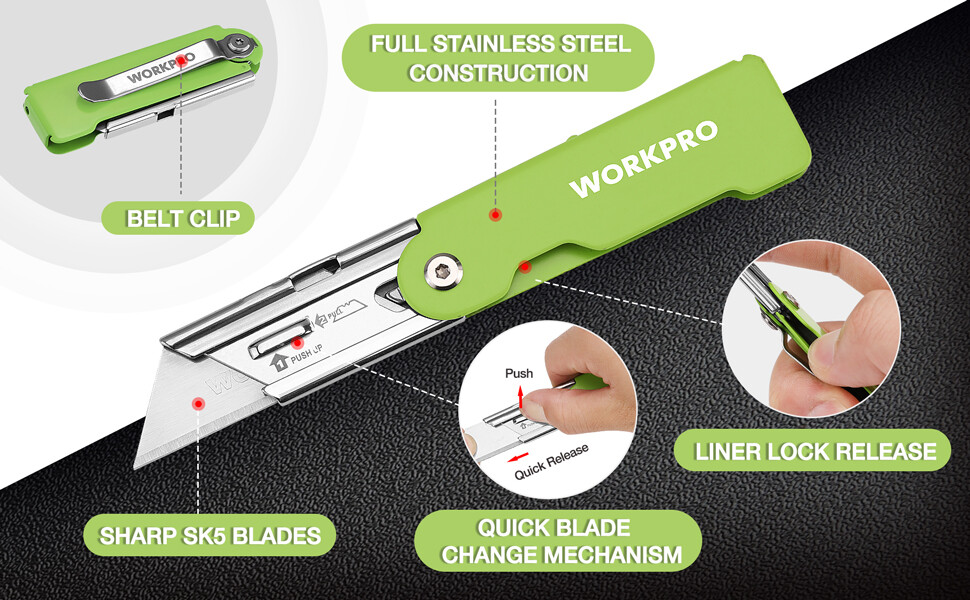 WORKPRO 3-Pack Folding Utility Knife Set, Quick Change Blade Box Cutter