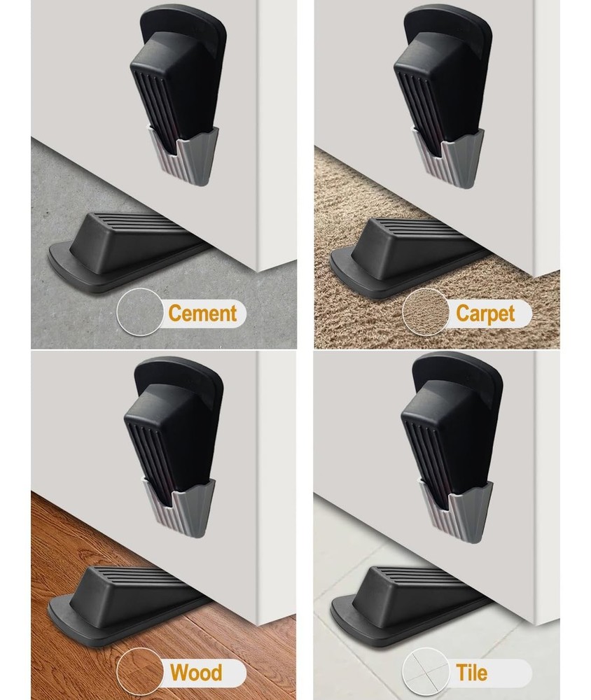 4 PCS Rubber Door Stop Wedge Stopper Non Slip Stackable Adhesive Bracket Black