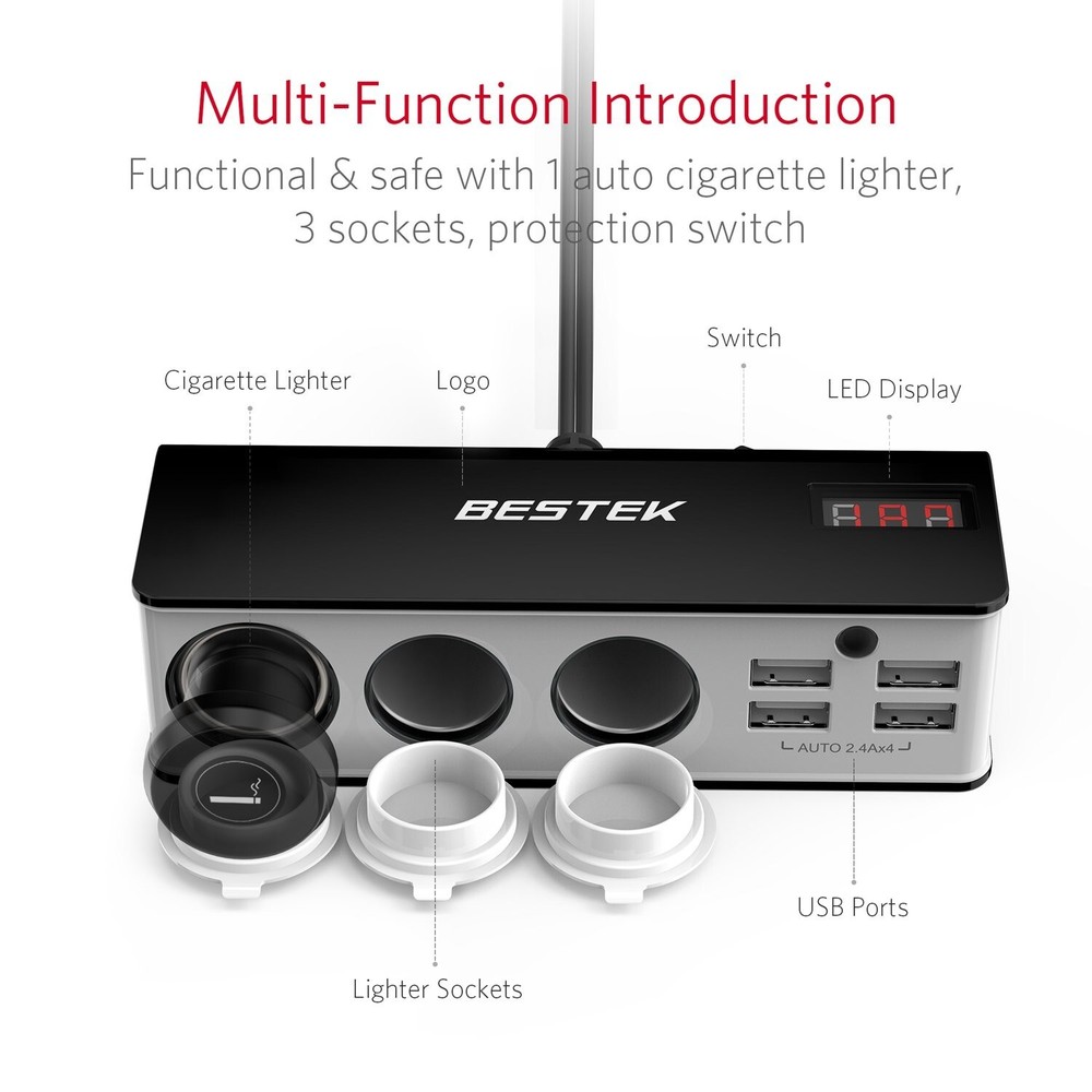 BESTEK 3-Socket Cigarette Lighter Adapter, 12V/24V 200W Power Adapter