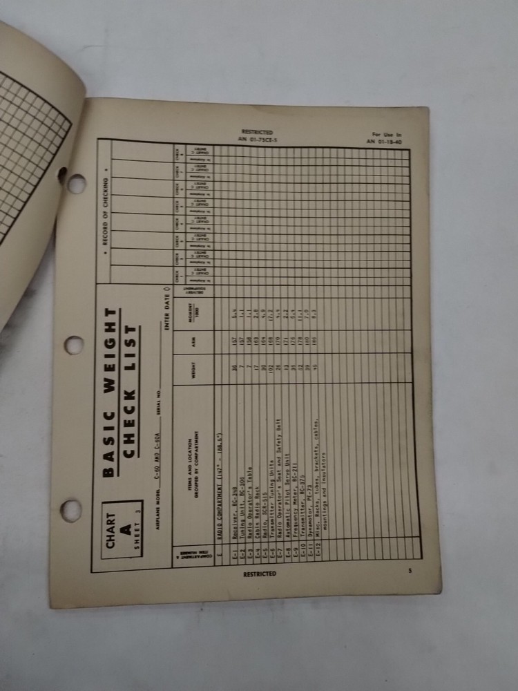 Lockheed C-60/C-60A/R50-4/5/6/ Lodestar II Basic Weight Checklist Loading Data