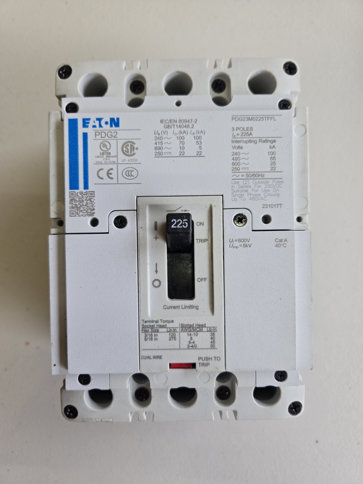 New Eaton PDG23M0225TFFL Circuit Breaker 600 V 225 Amp 65 kA @ 480 V