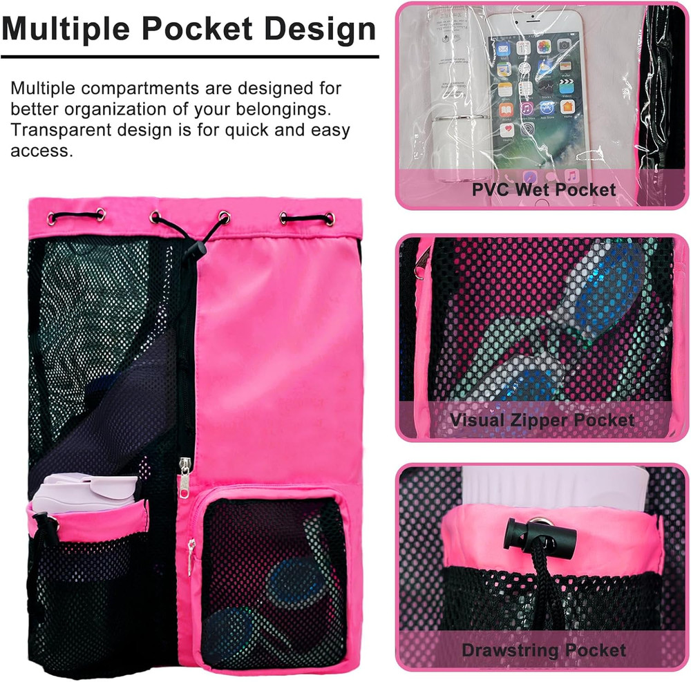 Mesh Beach Backpack with Wet Pocket Drawstring Pool Bag Waterproof Swimming Bag
