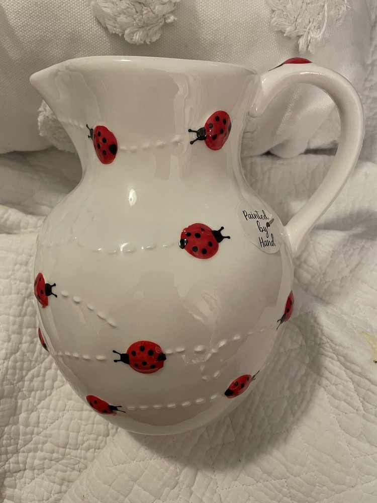 LANG By Design Hand Painted Ceramic Red Ladybugs On White Medium Size Pitcher