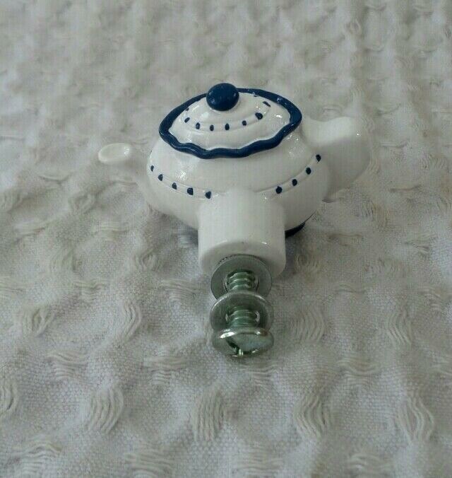 4 Avon Gift Collection TEAPOT KETTLE Drawer Pull Knob Painted Whimsy White Blue