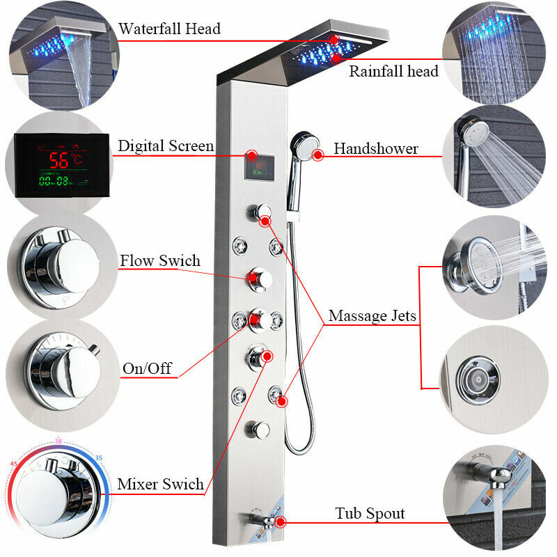 Shower Panel Tower System Stainless Steel 6-Function Faucet LED Rain&Waterfall