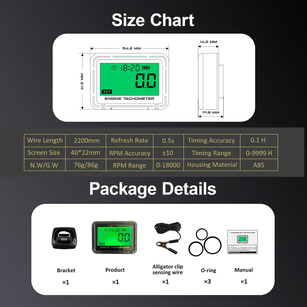 Small Engine Tachometer, Digital Tachometer Tach Gauge with Clip, Inductive Hour