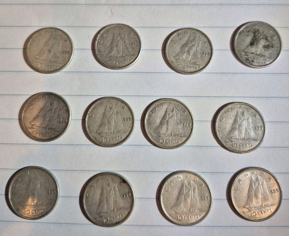 12 1959 Canadian Silver Dimes (80% Silver)