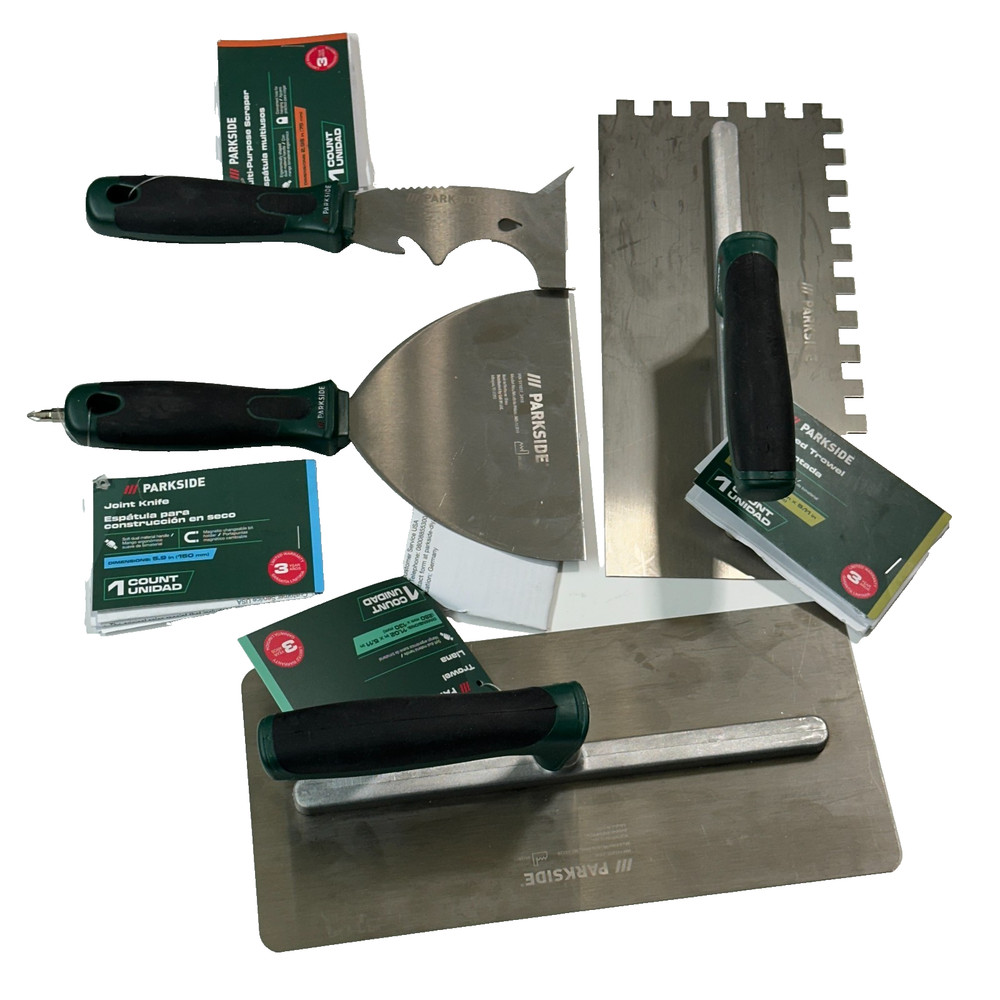 Parkside 4pc Trowel & Scraper Set - Joint Knife, Multi-Tool & Serrated Trowels