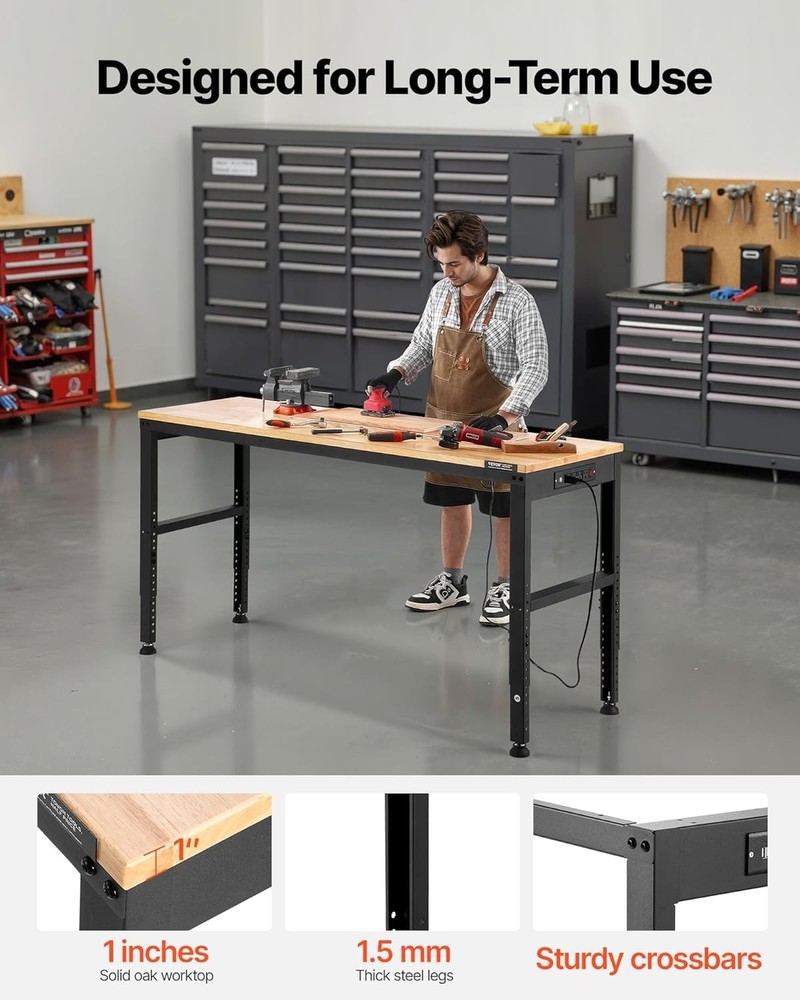 61" Heavy-Duty Adjustable Workbench - 2000 lbs Capacity & Power Outlets