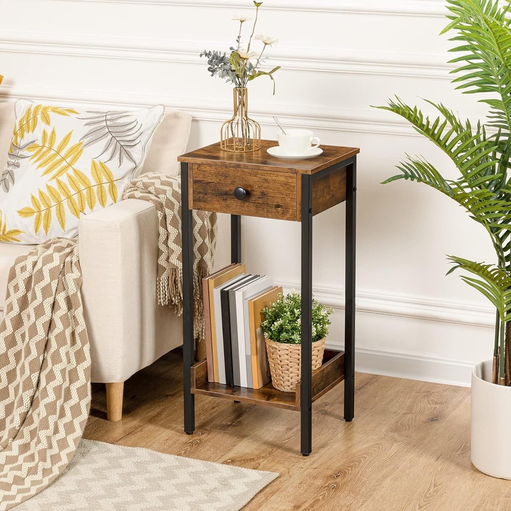 Tall End Table Nightstand Industrial Side Table W/ Drawer & Storage Shelf Study