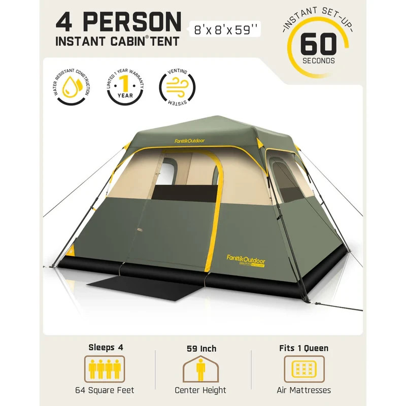 Fanttik Camping Tent 4 Person Instant Cabin Tent Setup in 60 Seconds with Rainfl