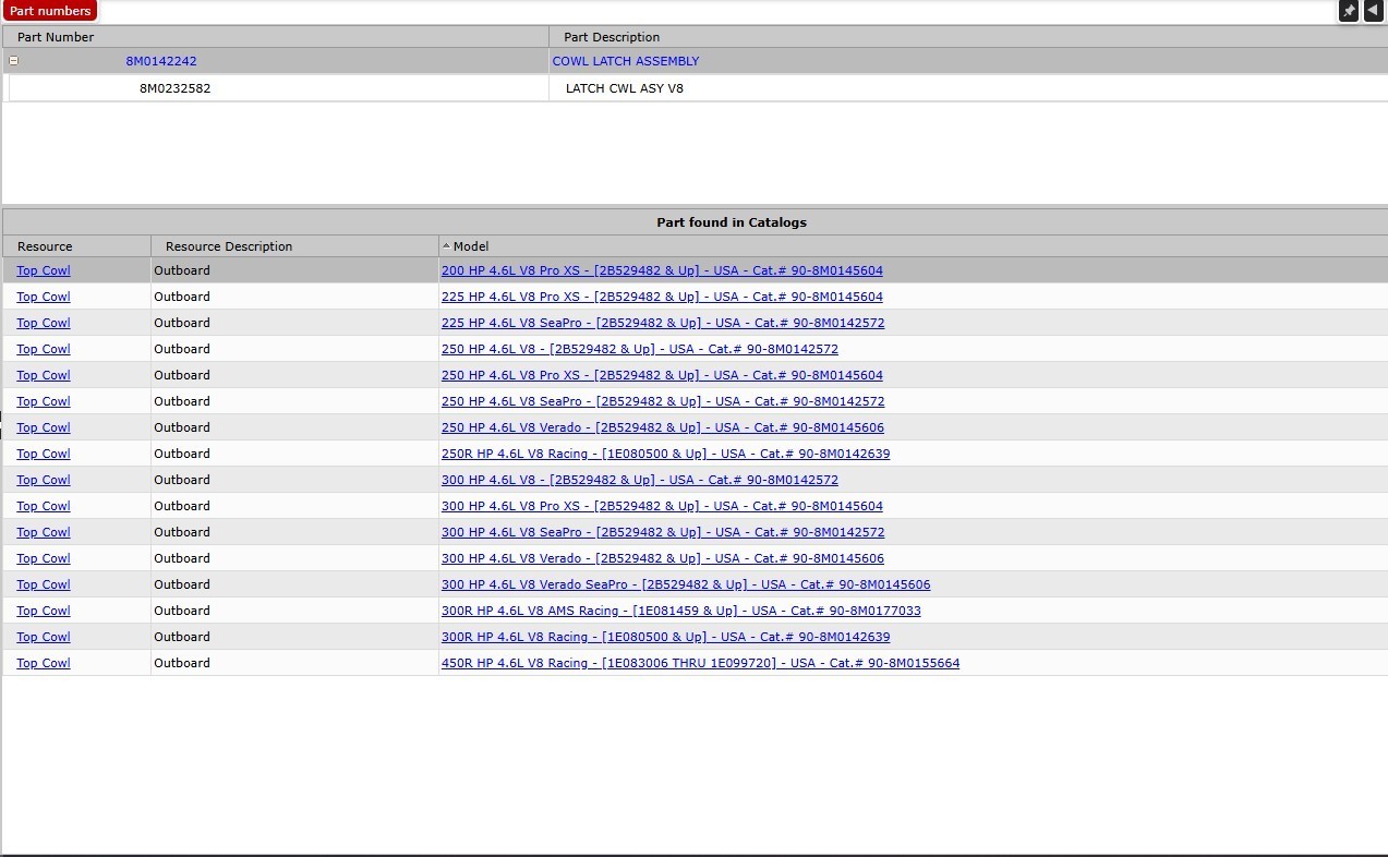 Mercury V8 Cowl Latch Assembly Part# 8M0232582 (ss 8M0183790) - New OEM