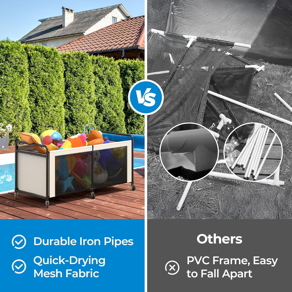 295 Gallon Pool Float Storage, Mesh Pool Toy Storage Bin with Wheel and Side Poc