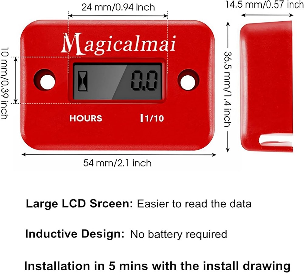Waterproof Inductive Hour Meter for Gas Engines - Red LCD Display