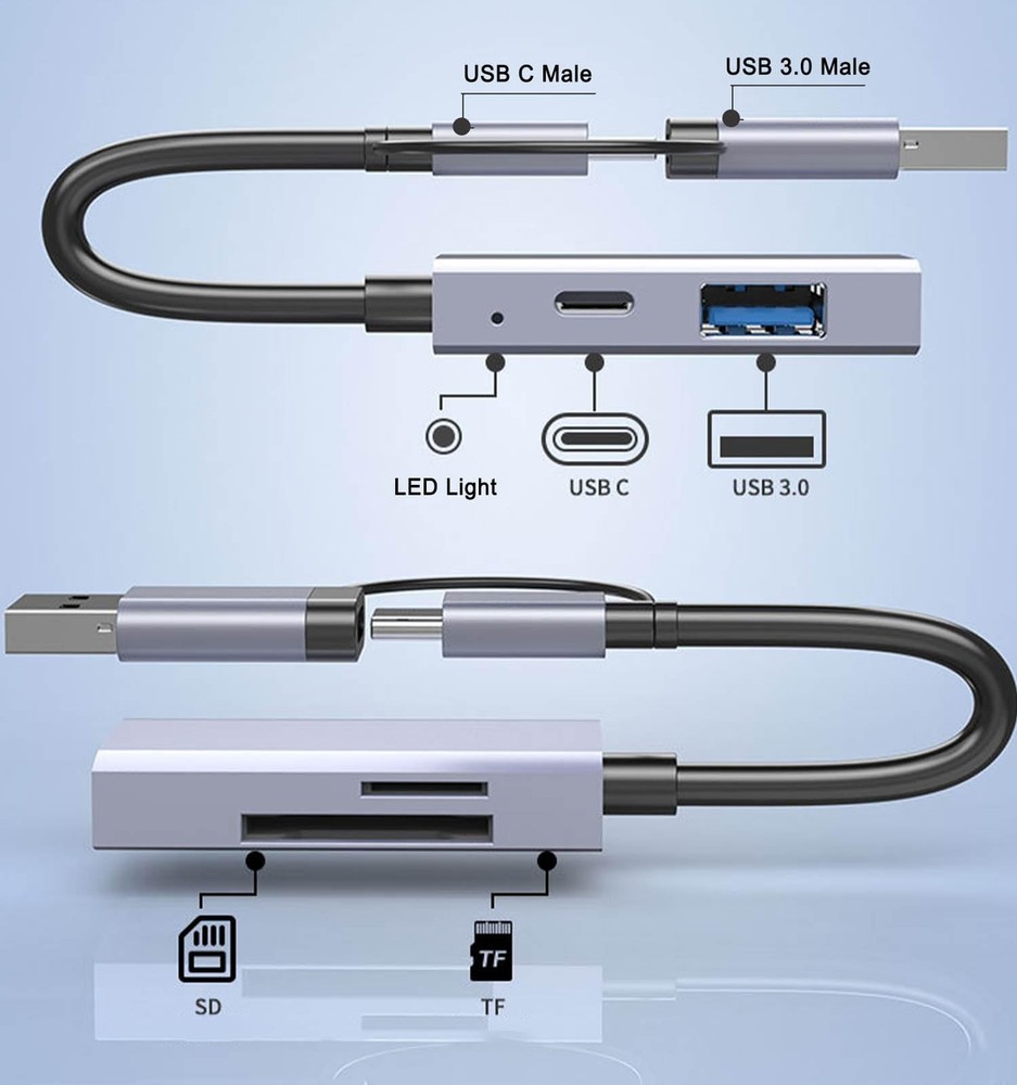 USB C 3.0 SD Card Reader 4 in 1, A&C Hub with Memory Silver Gray