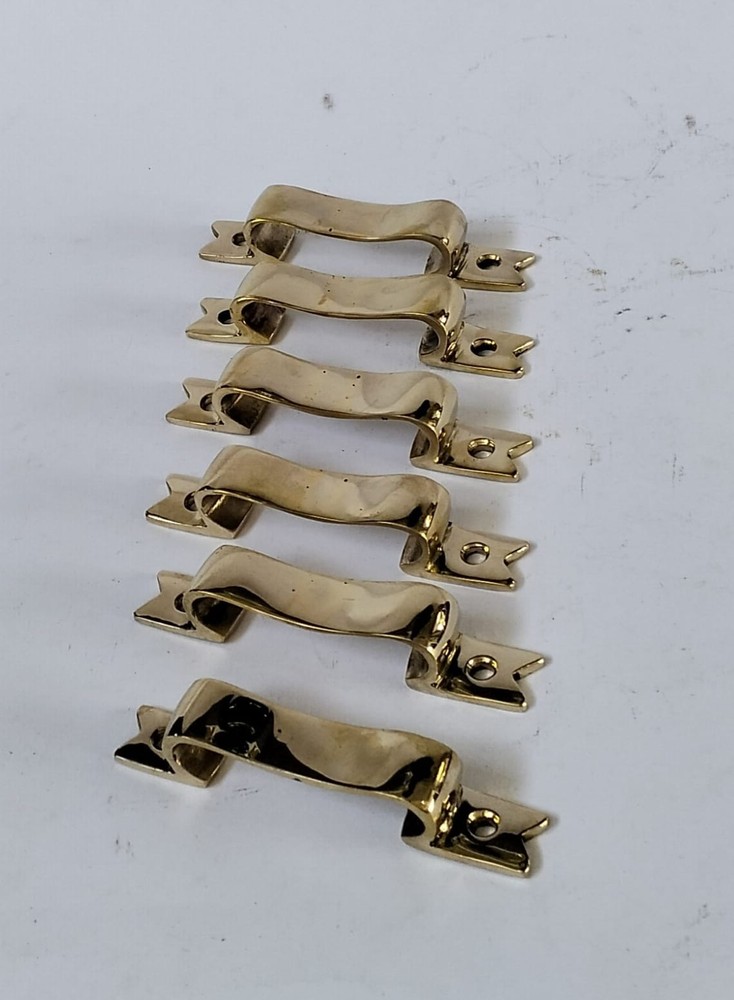6 PULLS 4" handle heavy ribbon solid heavy brass old style kitchen GRAB 10 cm
