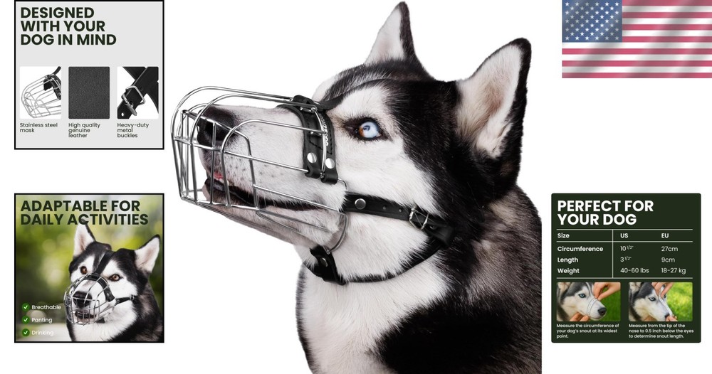 Metal Dog Muzzle with Leather Straps - Comfortable for Training & Walks