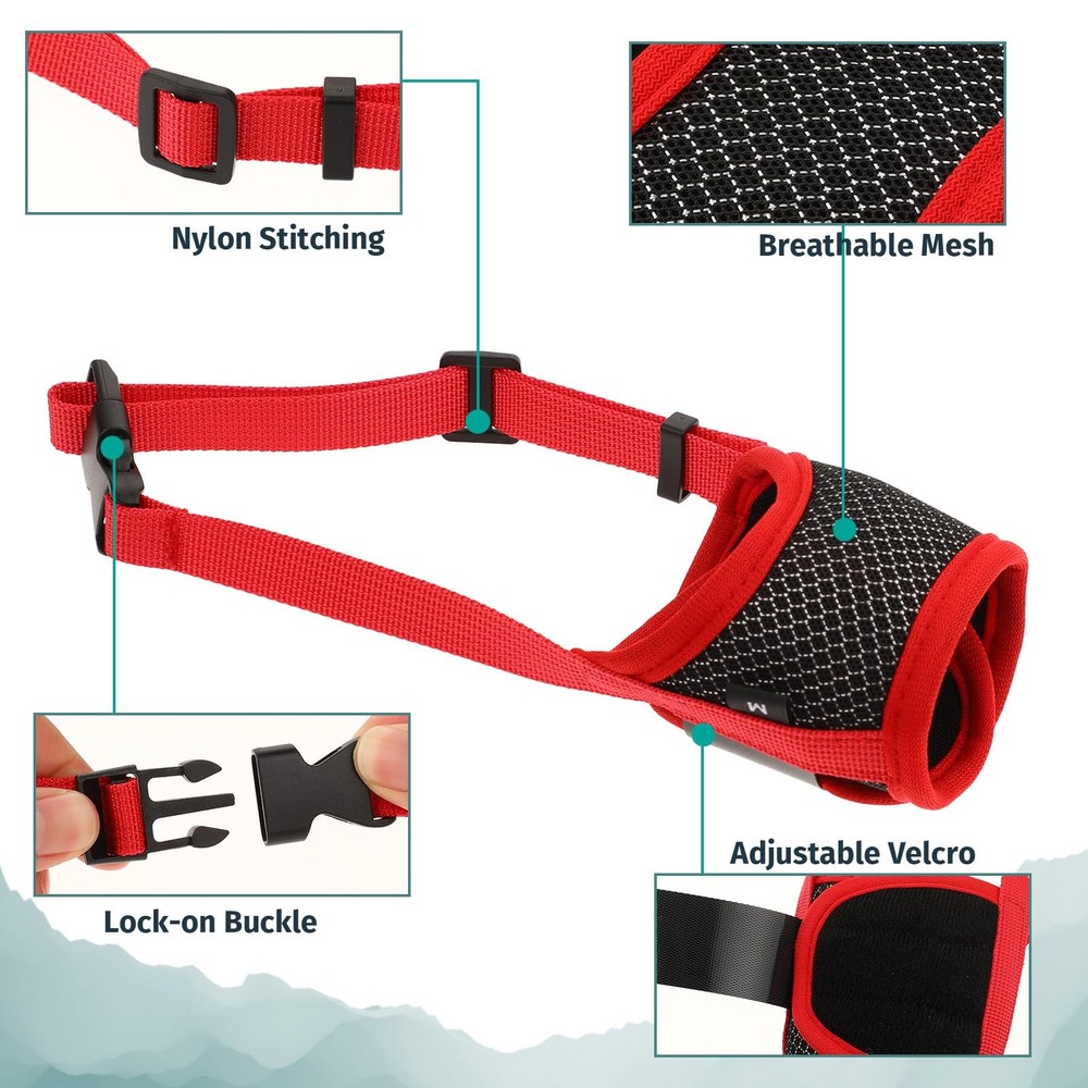 Soft Nylon Muzzle Breathable Mesh Fabric Anti Barking Adjustable Red Small