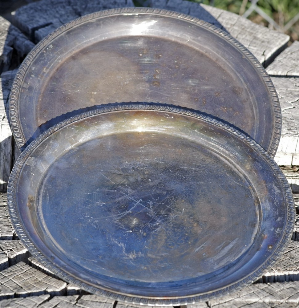 VINTAGE Silver Plate 2 SERVING TRAYS Large 12" Leonard Made in USA c.1960's