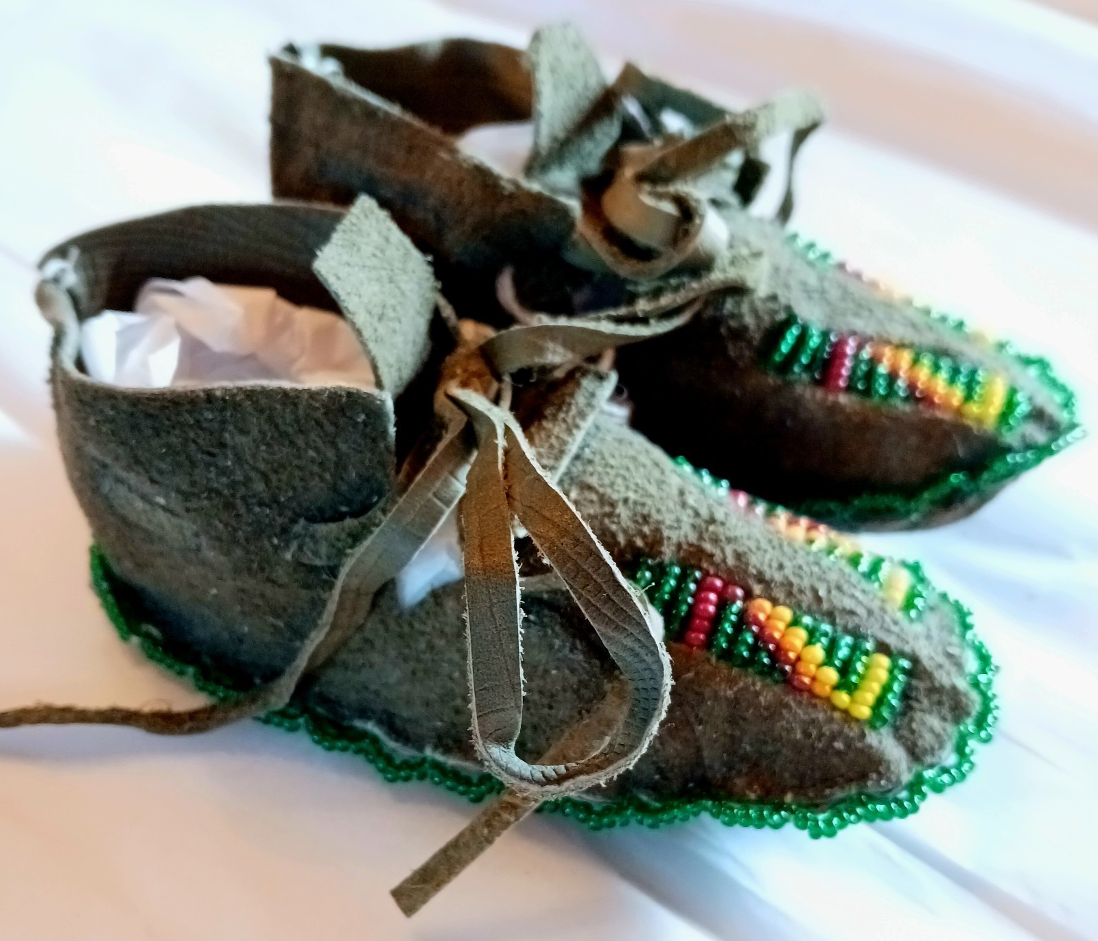 Vintage New Kiowa Green Beaded Baby Moccasins by Maureen Zotigh