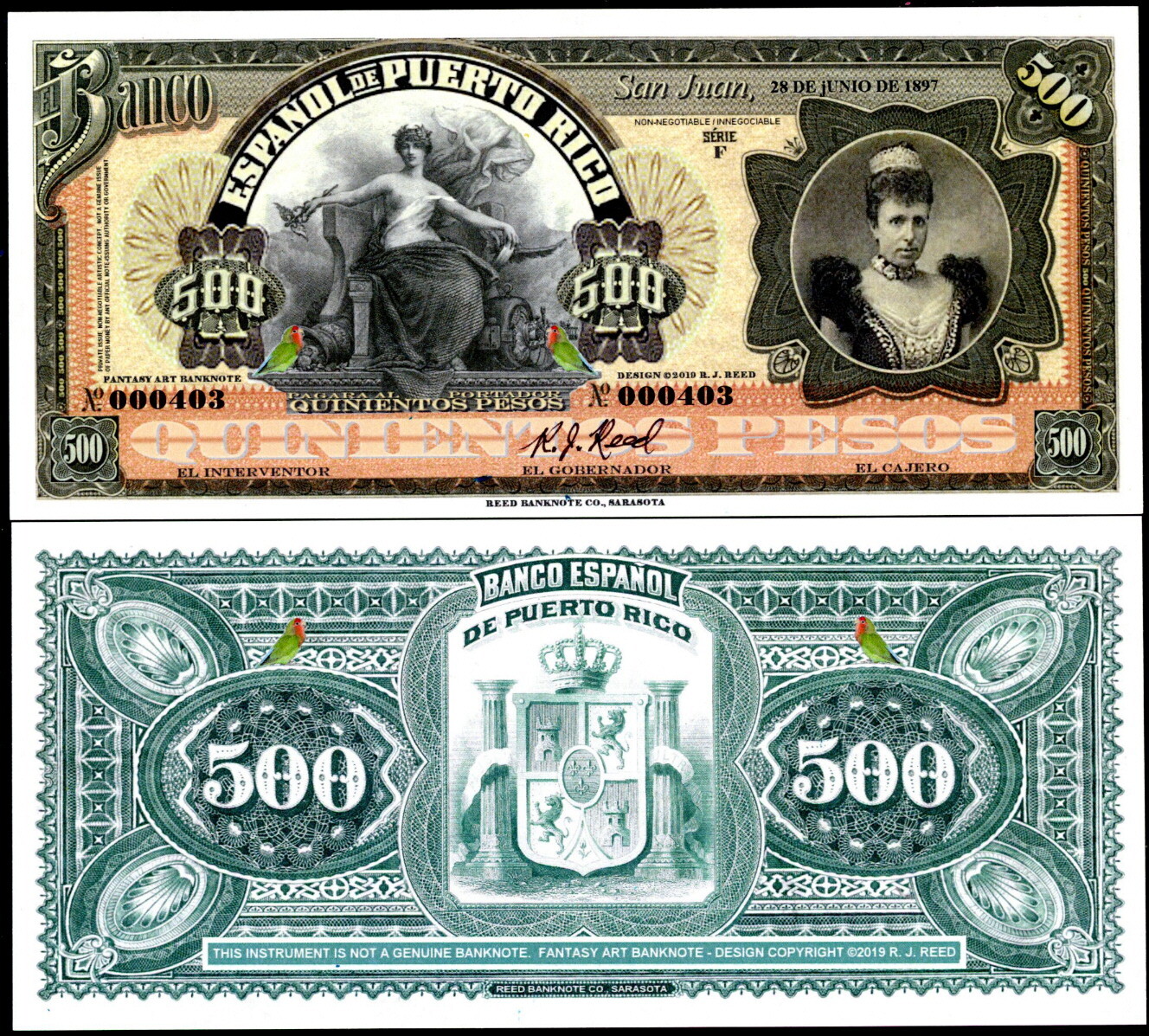 BEAUTIFUL PUERTO RICO 500 PESOS ARTIST-SIGNED FANTASY ART CONCEPT NOTE- REED BN!