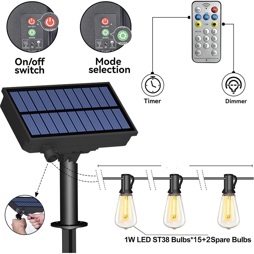 50FT Solar String Lights for Patio Waterproof Outdoor Connectable ST38 LED Light