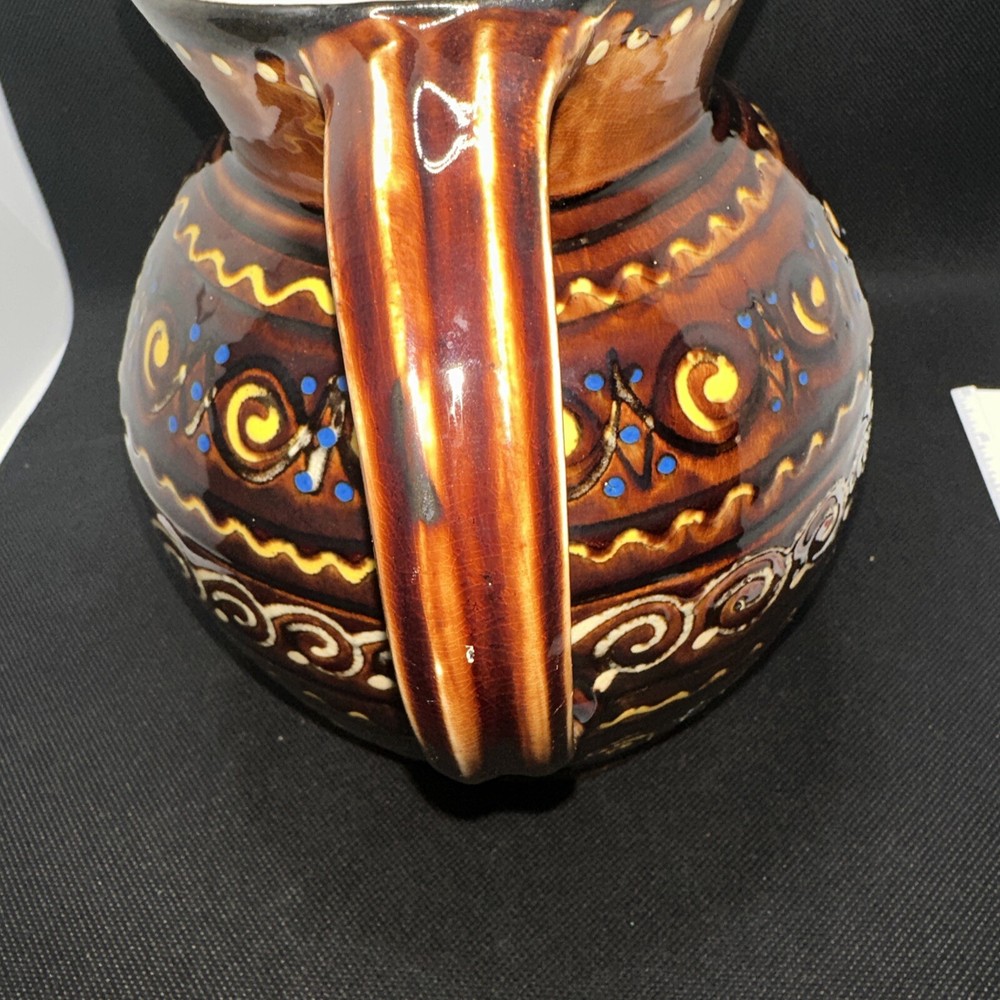 Art Pottery Pitcher Brown & Yellow Glazed Pattern