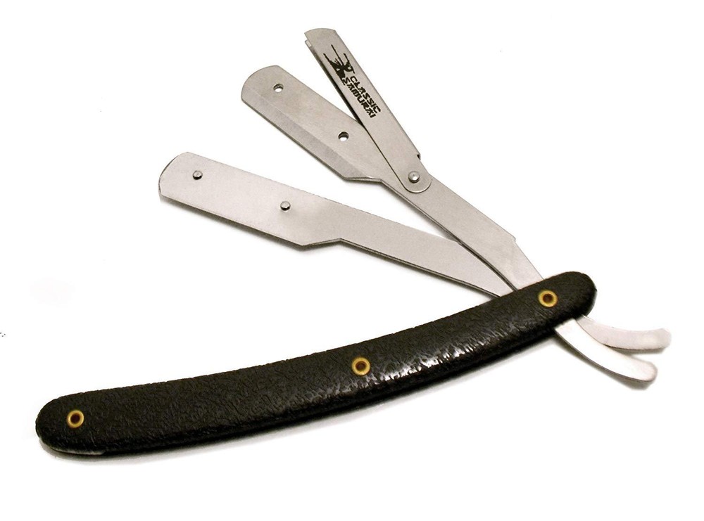 CS Black Pattern Stainless Straight Edge Barber Razor +100 Shark Single Edge