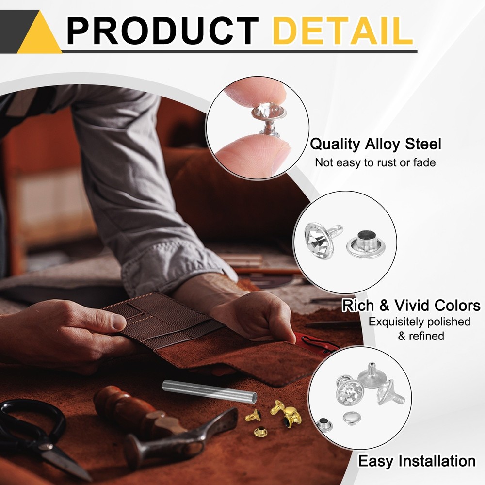 100pcs Crystal Rivets 10mm Rhinestone Stud with Installation Tool, Silver Clear