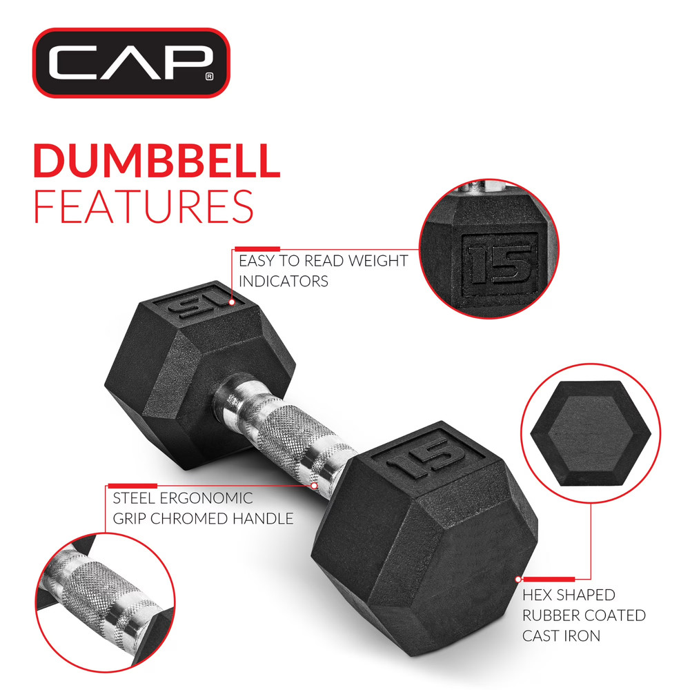 CAP Barbell, 15lb Rubber Hex Dumbbell, Single