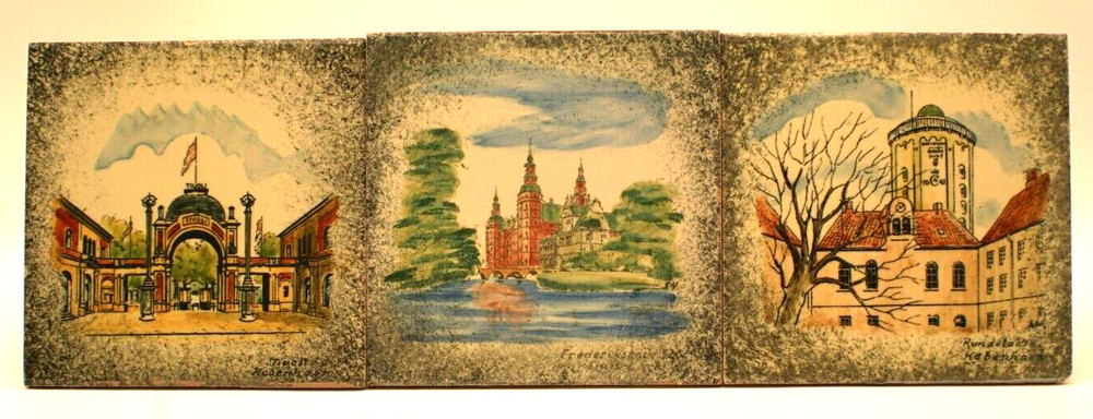 Vintage Denmark Ceramic Tiles/Coasters.  Hand Painted ~Set of three. All signed