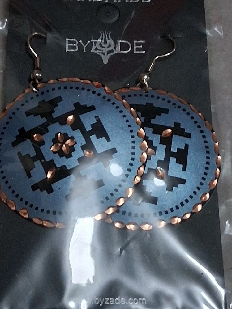 Handmade Byzade copper dangle earrings, round, blue & multicolor, etched design