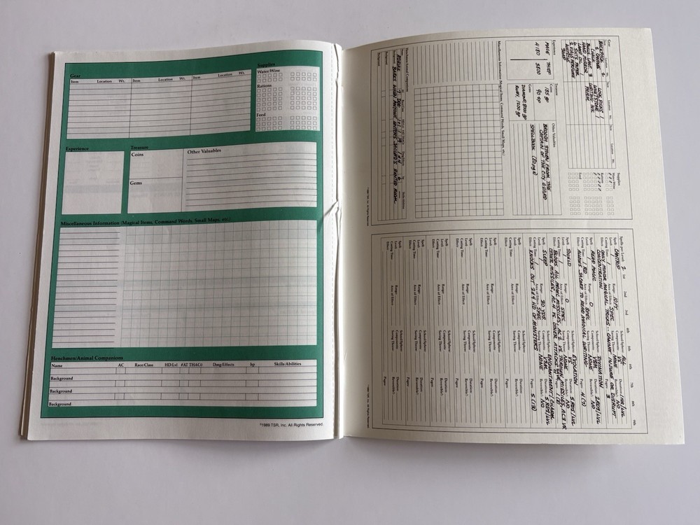 Advanced Dungeons and Dragons Character Record Sheets TSR 1989