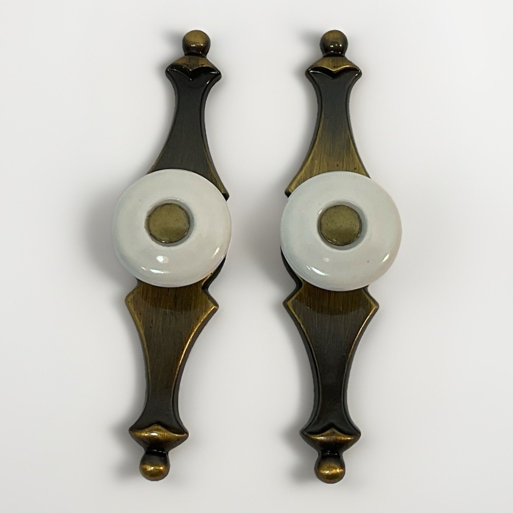 2 Vintage Amerock Porcelain Cabinet Drawer Knobs Pulls Bronze Brass Backplate 5”